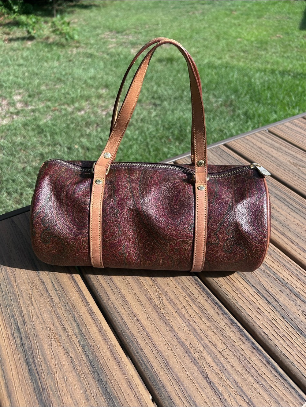 Etro Bordeaux Paisley Barrel Bag Coated Canvas Leather Trim Vintage Y2K Italy